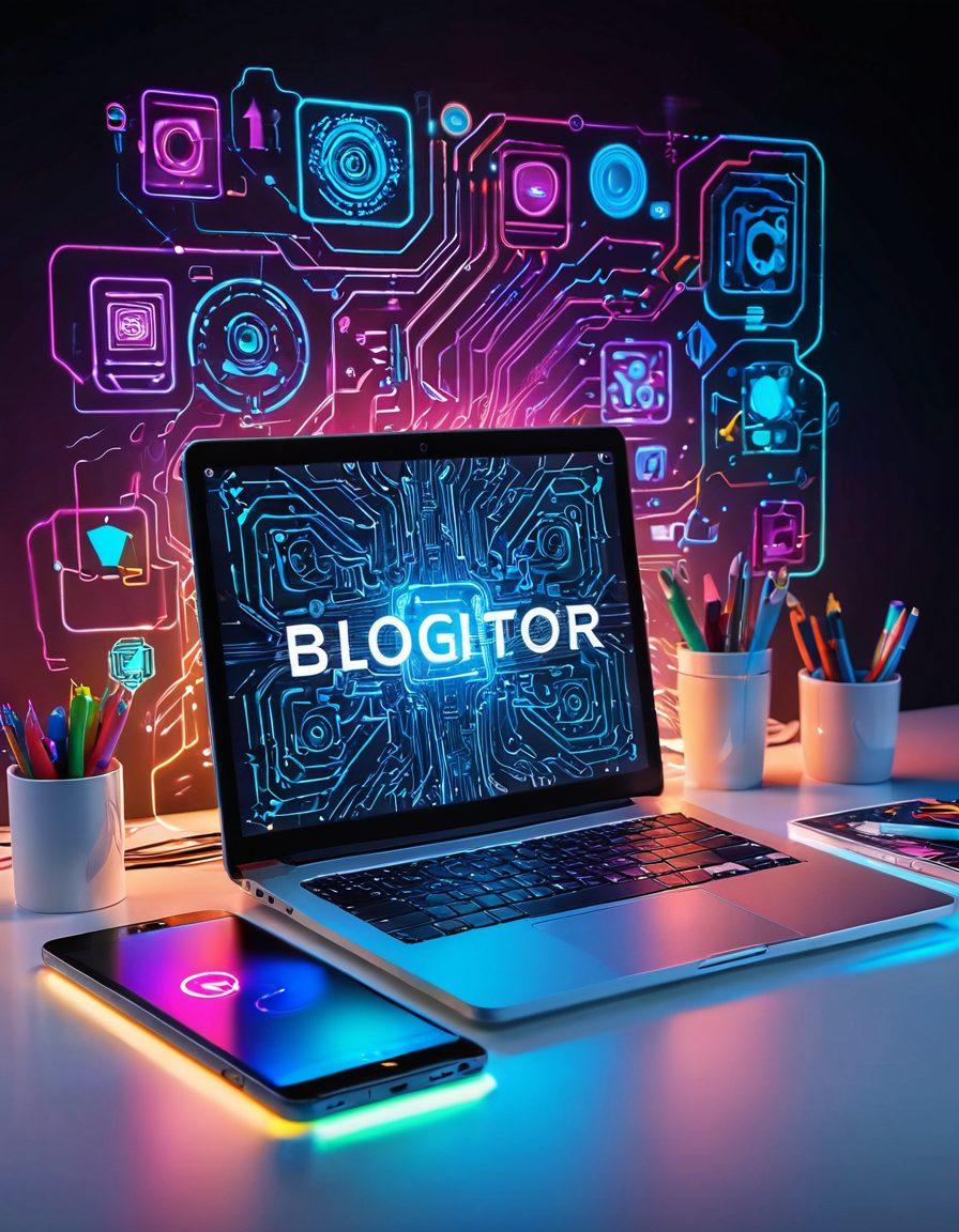 A futuristic workspace showcasing essential tools for bloggers and digital creators, featuring a sleek laptop, a smartphone with social media apps open, and a vibrant digital tablet displaying creative designs. The background includes abstract technology patterns and glowing circuit designs, symbolizing innovation and creativity. Bright neon colors illuminate the scene for a dynamic look. super-realistic. vibrant colors. white background.