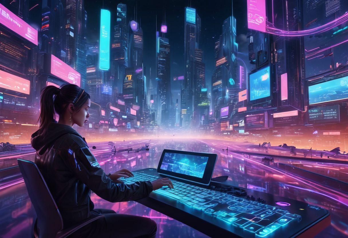 A futuristic cityscape with floating digital screens displaying various blogging platforms and vibrant code lines swirling in the air. At the forefront, a person is typing on a holographic keyboard, surrounded by icons of popular blogging tools. The setting reflects a blend of technology and creativity, with glowing neon pathways and a night sky filled with stars. super-realistic. vibrant colors. cyberpunk.