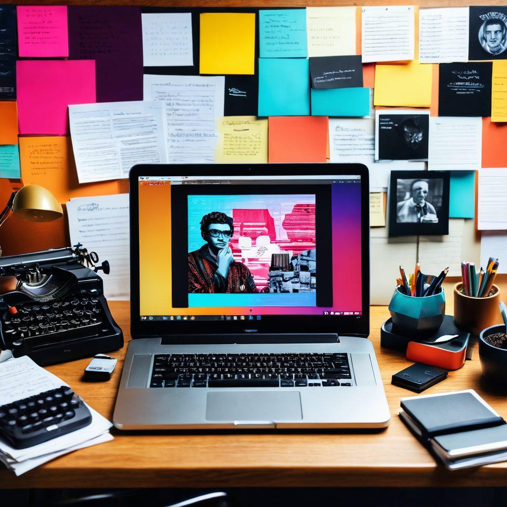 A vibrant collage showcasing the evolution from traditional desktop applications to dynamic content creation tools, including a laptop with open blogging software, a digital tablet with creative apps, and a vintage typewriter in the background. Highlight diverse creators, such as a writer, a graphic designer, and a videographer, working together in a cozy, modern workspace surrounded by colorful notes and gadgets. super-realistic. vibrant colors. modern office setting.